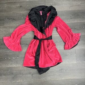 Betsey Johnson Intimates Pink‎ Velvet Satin Robe Women M Ruffle Sleeve Pockets
